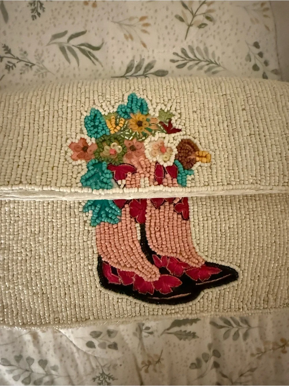 Viral Fall Cream BeadedBag with Floral Cowgirl Boots